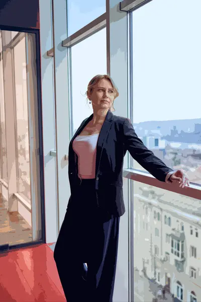 Dijital çizim, sanat, ceketli çekici bir orta yaşlı kadın ve barda modern tasarım ile poz veren beyaz tişört.