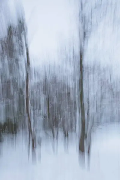 Intentional camera movement (ICM) image of path in forest and ground covered with snow in winter created by motion blur.