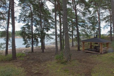 Yazın Finlandiya, Helsinki 'de Lantinen Kaarmeluoto adasında ahşap konaklama ve şömine.