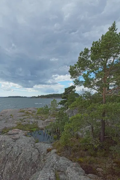 Yazın Finlandiya 'da kayalık deniz manzarası.