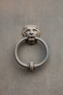 Kırsal aslan başlı kapı tokmağı, metal bir kapının üzerinde..