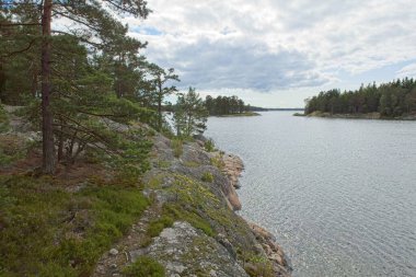 Bulutlu sonbahar havasında, Finlandiya, Kirkkonummi 'de, Linlo adasında Rocky sahili..