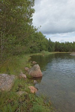 Bulutlu sonbahar havasında, Finlandiya, Kirkkonummi 'de, Linlo adasında Rocky sahili..