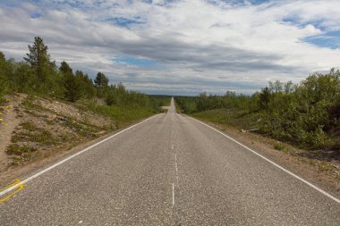 Yazın Kilpisjarvi, Enontekio, Lapland, Finlandiya 'da E8 yol manzarası.