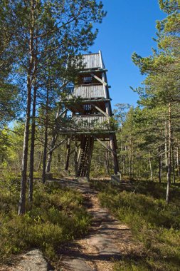 Açık bahar havasında Ingbyberget gözlem kulesi, Jomala, Ahvenanmaa, Finlandiya.