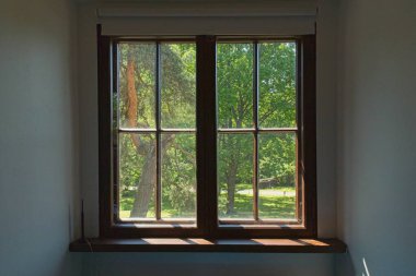 Ahşap çerçeveli ve dışında ağaçlar olan eski bir vintage pencerenin iç manzarası.