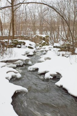Baharda yerde karla birlikte küçük bir dere..