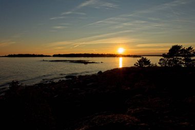 Finlandiya, Espoo, Torra Lovo adasında sonbaharda gökyüzünde bulutlar ve deniz kenarında ağaç siluetleri ile gün batımı.