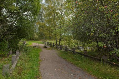 Sonbaharda Kuhakoski 'deki Luhtajoki nehri üzerindeki eski taş köprü, Nurmijarvi, Finlandiya.