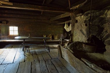 İç görünümü şöminesi ve mobilyası olan eski ahşap çiftlik evi.