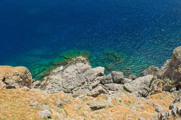 Downwards View Rocky Seashore Clear Water Spring Lindos Rhodes Greece — Stock Photo, Image