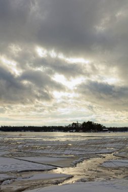 Deniz kıyısında kış, bulutlu havada yüzen buz kütleleriyle Jollas, Helsinki, Finlandiya.