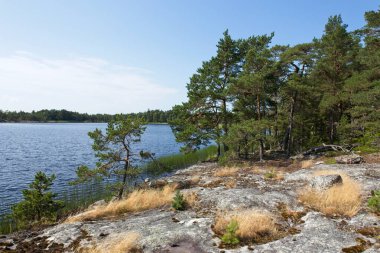 Finlandiya 'nın açık yaz havasında, Keistio adasında kayalık kıyı şeridi.