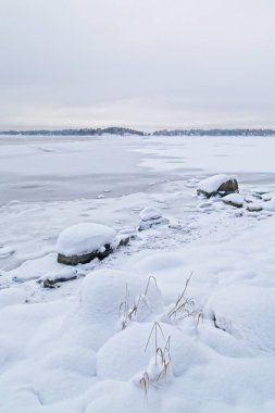 Bulutlu kış havasında kayalık sahil kıyısı.