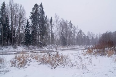 Bulutlu havada kış nehri sahnesi.