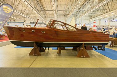 Pasila, Helsinki, Finland - 2.14.2024:  Storebro Sol Ruff boat on display at Vene (Boat) 2024 fair at Messukeskus Helsinki (Expo and Convention Centre).