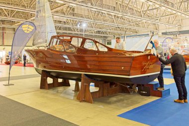Pasila, Helsinki, Finland - 2.14.2024:  Storebro Sol Ruff boat on display at Vene (Boat) 2024 fair at Messukeskus Helsinki (Expo and Convention Centre).