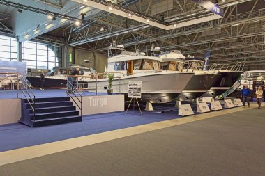 Pasila, Helsinki, Finland - 2.14.2024: Targa fair department in exhibition hall at Vene (Boat) 2024 fair at Messukeskus Helsinki (Expo and Convention Centre).