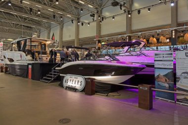 Pasila, Helsinki, Finland - 2.14.2024: Marine Palvelu fair department in exhibition hall at Vene (Boat) 2024 fair at Messukeskus Helsinki (Expo and Convention Centre).