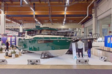 Pasila, Helsinki, Finland - 2.14.2024: Aluxa fair department in exhibition hall at Vene (Boat) 2024 fair at Messukeskus Helsinki (Expo and Convention Centre).