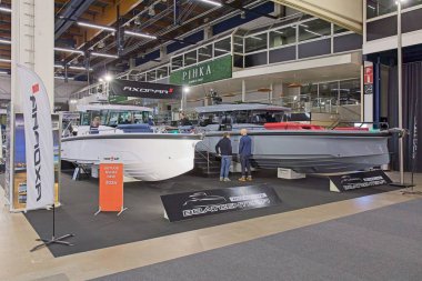 Pasila, Helsinki, Finland - 2.14.2024: Boatcenter fair department in exhibition hall at Vene (Boat) 2024 fair at Messukeskus Helsinki (Expo and Convention Centre).