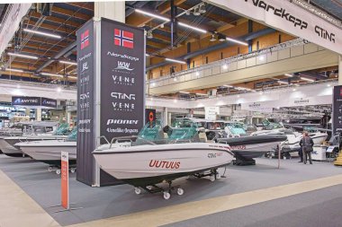 Pasila, Helsinki, Finland - 2.14.2024: Veneliike Jespars fair department in exhibition hall at Vene (Boat) 2024 fair at Messukeskus Helsinki (Expo and Convention Centre).