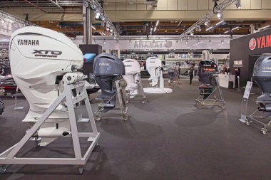 Pasila, Helsinki, Finland - 2.14.2024: Yamaha fair department in exhibition hall at Vene (Boat) 2024 fair at Messukeskus Helsinki (Expo and Convention Centre).