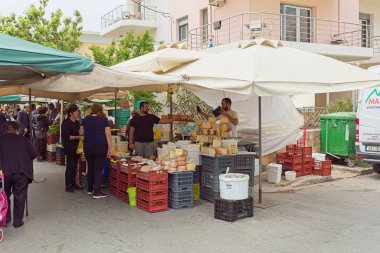 Chania, Crete, Greece - May 15, 2019: Outdoor street market selling local produce in Chania in spring.