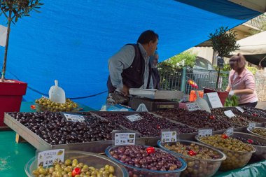 Chania, Crete, Greece - May 15, 2019: Outdoor street market selling local produce in Chania in spring.