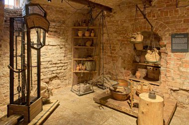 Riga, Latvia  - June 21, 2019: Interior details of cellar in the House of the Blackheads.