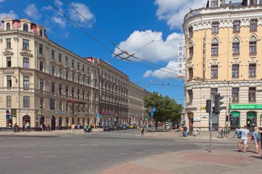 Riga, Latvia - June 22, 2019: Riga city street view by day in summer.