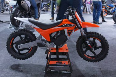 Pasila, Helsinki, Finland - 2.3.2024: KTM SX-E 2 motorcycle on display at MP 24 Motorcycle fair at Messukeskus Helsinki (Expo and Convention Centre).