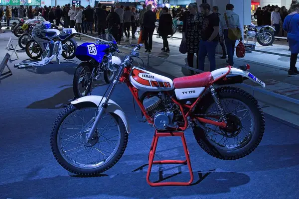 stock image Pasila, Helsinki, Finland - 2.3.2024:  Classic Racing Yamaha TY 175 525 Trial motorcycle on display at MP 24 Motrorcycle fair at Messukeskus Helsinki (Expo and Convention Centre).