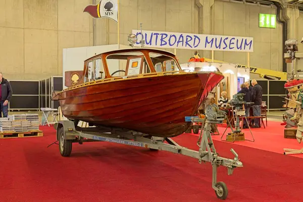 Pasila, Helsinki, Finland - 2.14.2024:  Stella Cabin boat on display at Vene (Boat) 2024 fair at Messukeskus Helsinki (Expo and Convention Centre).