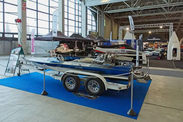 stock image Pasila, Helsinki, Finland - 2.14.2024:  Carrera Boats ft 19 boat on display at Vene  Bt (Boat) 2024 fair at Messukeskus Helsinki (Expo and Convention Centre).