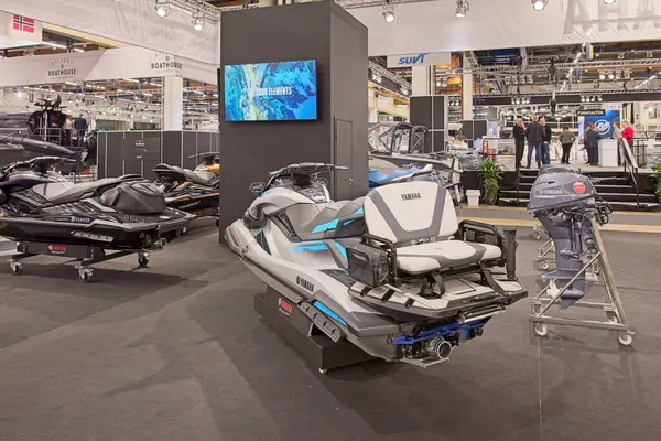 stock image Pasila, Helsinki, Finland - 2.14.2024:  Yamaha FX Cruiser HO Waverunner on display at Vene  Bt (Boat) 2024 fair at Messukeskus Helsinki (Expo and Convention Centre).