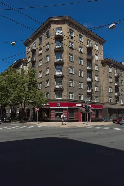 Riga, Latvia - June 22, 2019: City street view in Riga in summer.