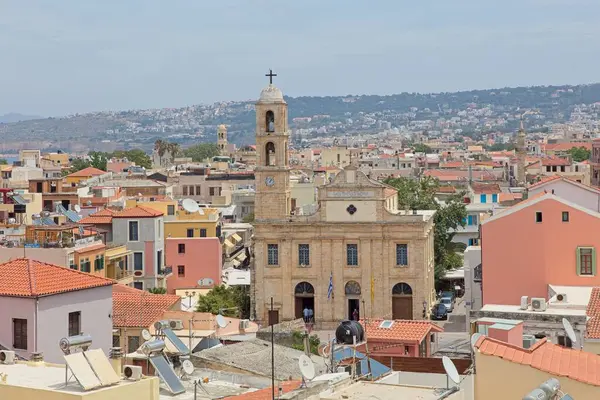 Chania, Crete, Greece - May 14, 2019: Elevated view of The Presentation of the Virgin Mary Holy Metropolitan Church.