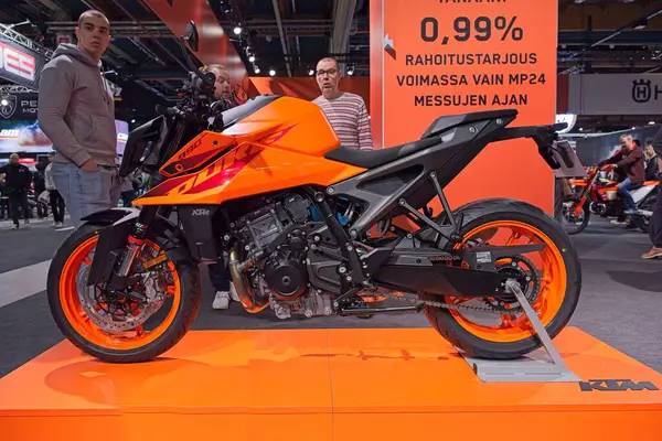 Pasila, Helsinki, Finland - 2.3.2024: KTM 990 Duke motorcycle on display at MP 24 Motorcycle fair at Messukeskus Helsinki (Expo and Convention Centre).
