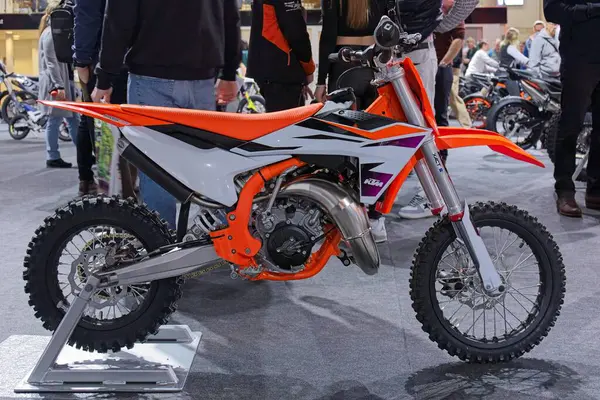 Pasila, Helsinki, Finland - 2.3.2024: KTM 65 SX motorcycle on display at MP 24 Motorcycle fair at Messukeskus Helsinki (Expo and Convention Centre).
