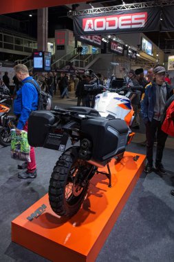 Pasila, Helsinki, Finland - 2.3.2024: KTM 1290 Super Adventure R motorcycle on display at MP 24 Motorcycle fair at Messukeskus Helsinki (Expo and Convention Centre).