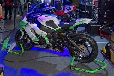Pasila, Helsinki, Finland - 2.3.2024: Kawasaki ZX-10RR racing motorcycle on display at MP 24 Motorcycle fair at Messukeskus Helsinki (Expo and Convention Centre).