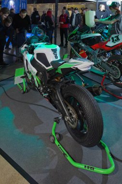 Pasila, Helsinki, Finland - 2.3.2024: Kawasaki ZX-10RR racing motorcycle on display at MP 24 Motorcycle fair at Messukeskus Helsinki (Expo and Convention Centre).