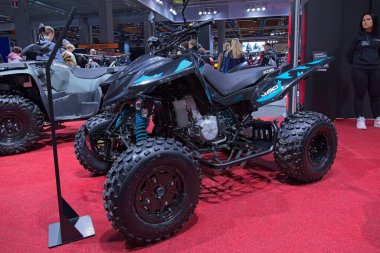 Pasila, Helsinki, Finland - 2.3.2024: Access Xtreme Enduro 480 T3b ATV on display at MP 24 Motorcycle fair at Messukeskus Helsinki (Expo and Convention Centre).