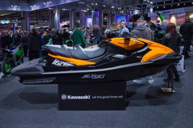Pasila, Helsinki, Finlandiya - 2.3.2024: Kawasaki Ultra 160 LX-S Jet Ski, Messukeskus Helsinki 'deki 24. Motosiklet Fuarı' nda sergileniyor.).