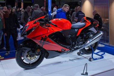 Pasila, Helsinki, Finland - 2.3.2024: Suzuki 2024 Hayabusa 25th Anniversary Edition motorcycle on display at MP 24 Motorcycle fair at Messukeskus Helsinki (Expo and Convention Centre).