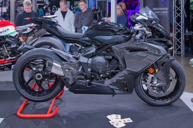 Pasila, Helsinki, Finland - 2.3.2024: MV Agusta F3 RR motorcycle on display at MP 24 Motorcycle fair at Messukeskus Helsinki (Expo and Convention Centre).