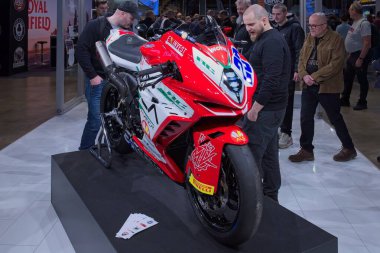 Pasila, Helsinki, Finland - 2.3.2024: MV Agusta F3 RC racing motorcycle on display at MP 24 Motorcycle fair at Messukeskus Helsinki (Expo and Convention Centre).