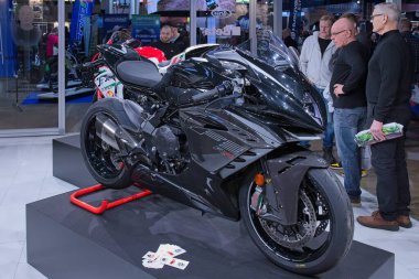 Pasila, Helsinki, Finland - 2.3.2024: MV Agusta F3 RR motorcycle on display at MP 24 Motorcycle fair at Messukeskus Helsinki (Expo and Convention Centre).