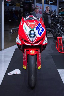 Pasila, Helsinki, Finland - 2.3.2024: MV Agusta F3 RC racing motorcycle on display at MP 24 Motorcycle fair at Messukeskus Helsinki (Expo and Convention Centre).